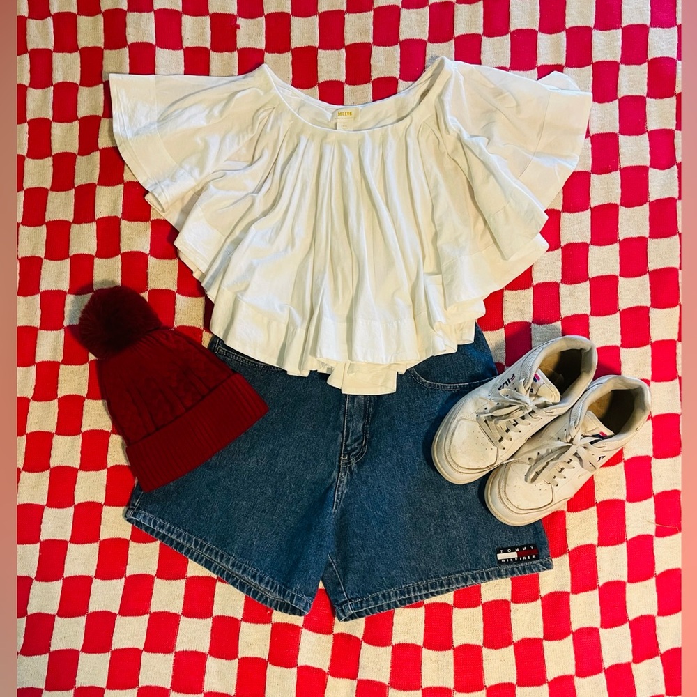 Anthropologie White Ruffle Poncho Style Cropped Blouse Top